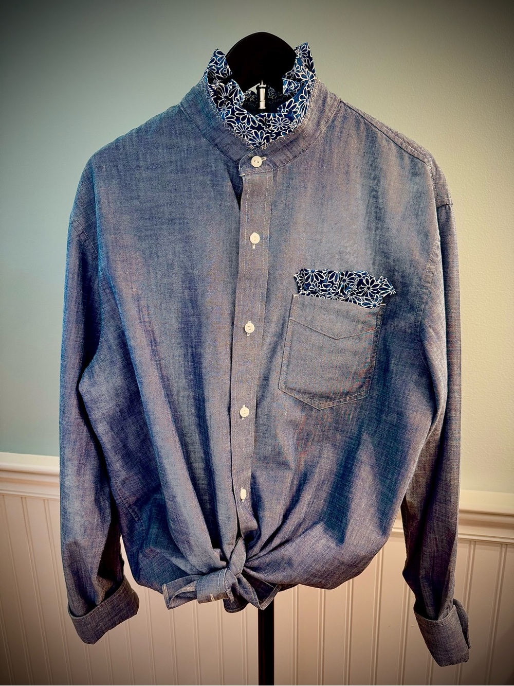 Reimagined L.L. Bean Blue Chambray Shirt with ruffle, collar/removable  insert